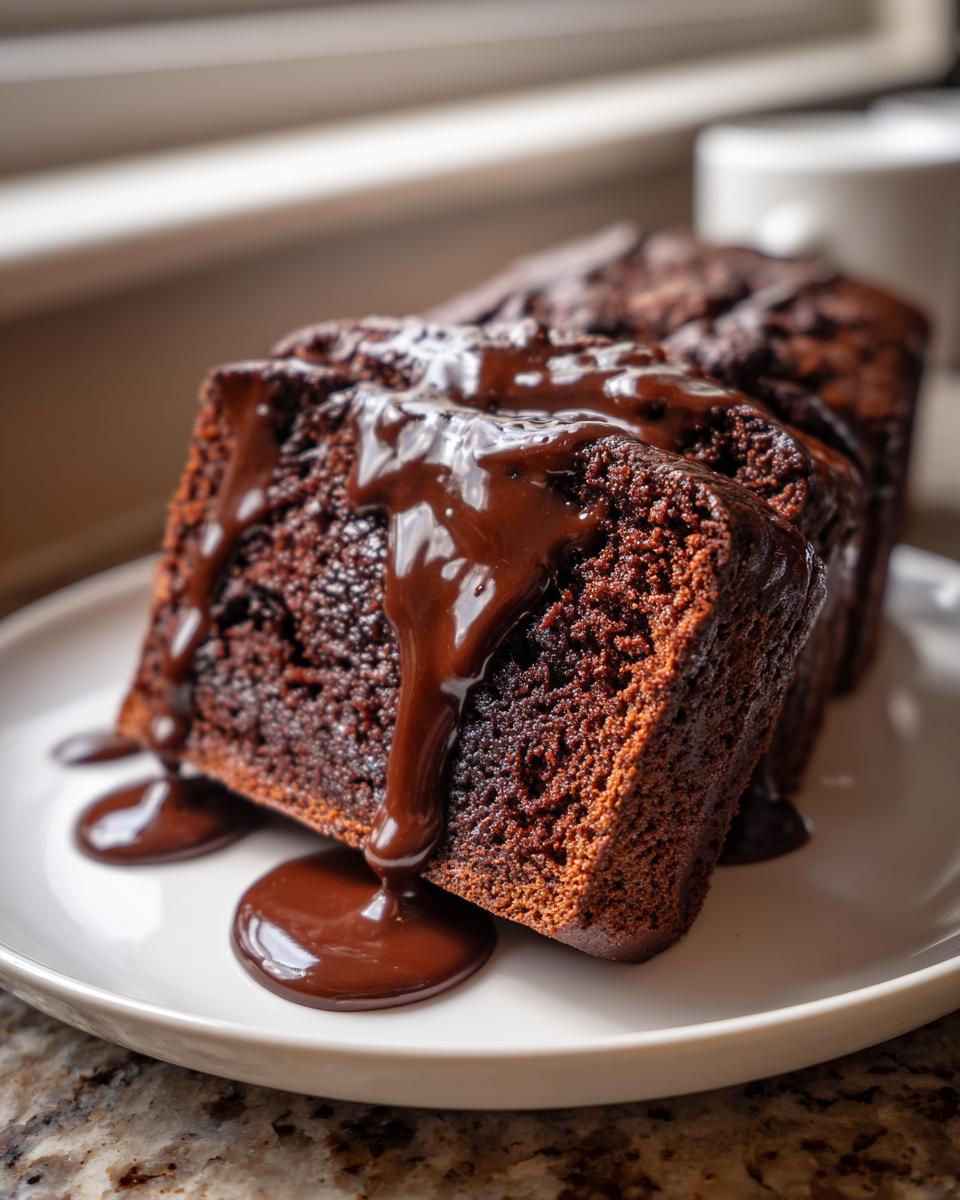Close-up of thick slices of moist hot fudge brownie bread generously drizzled with rich, glossy hot fudge sauce.