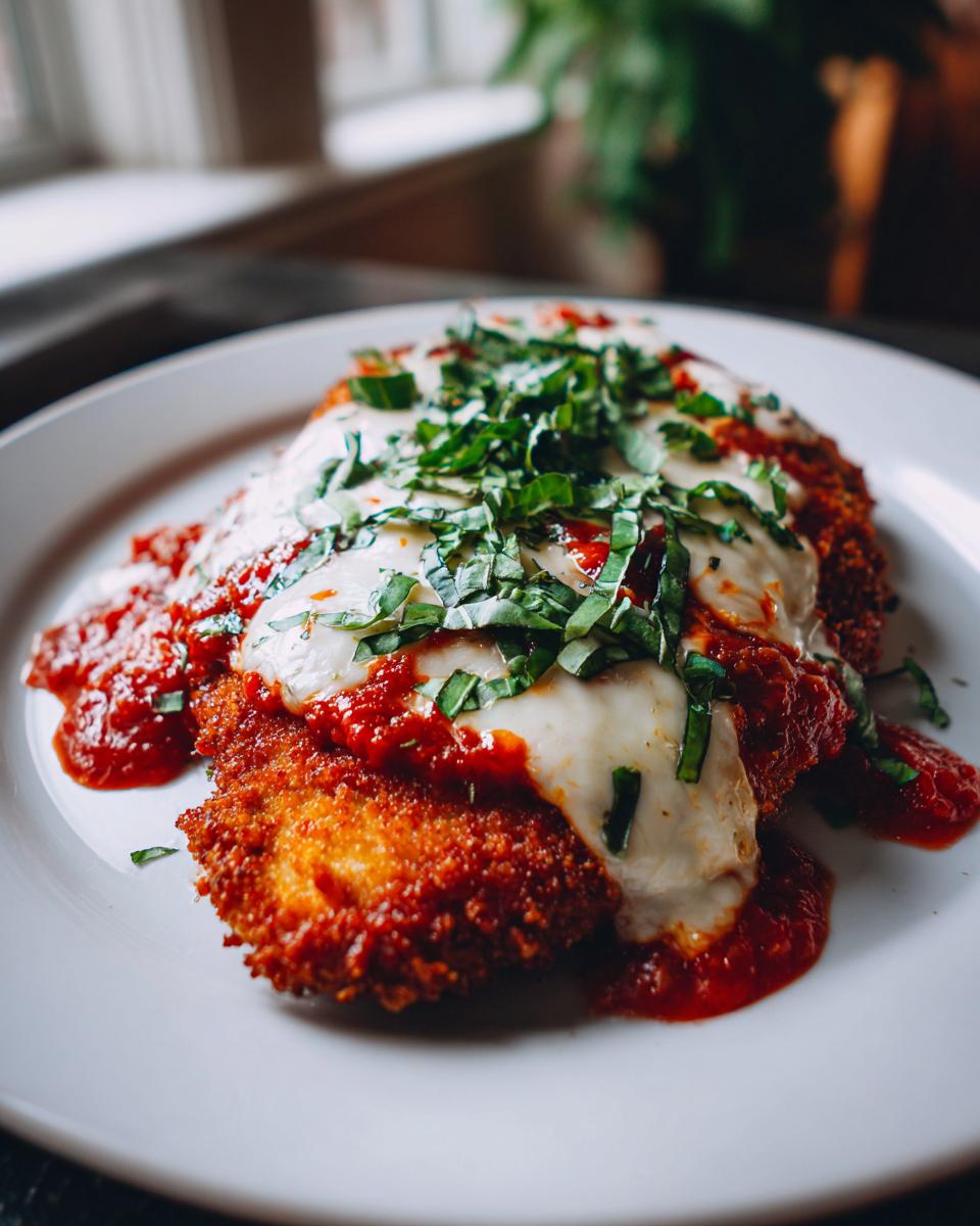 A close-up of a golden-brown, breaded chicken parmesan recipe topped with melted mozzarella and marinara sauce, garnished with fresh basil.