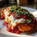 Close-up of a perfectly cooked chicken parmesan recipe, covered in melted mozzarella and marinara sauce, garnished with fresh basil.