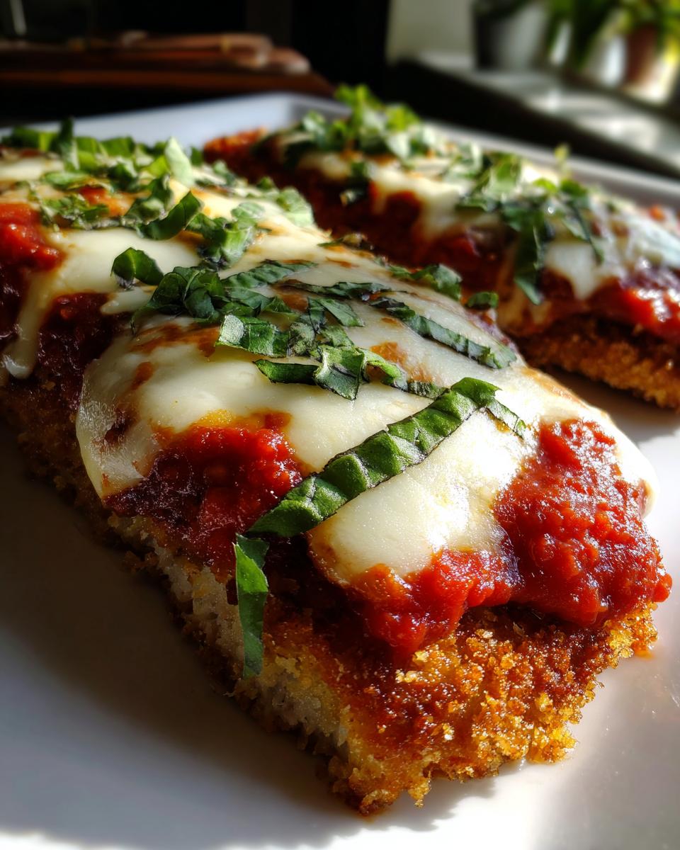 Close-up of a perfectly cooked chicken parmesan recipe cutlet, topped with melted mozzarella, marinara sauce, and fresh basil.