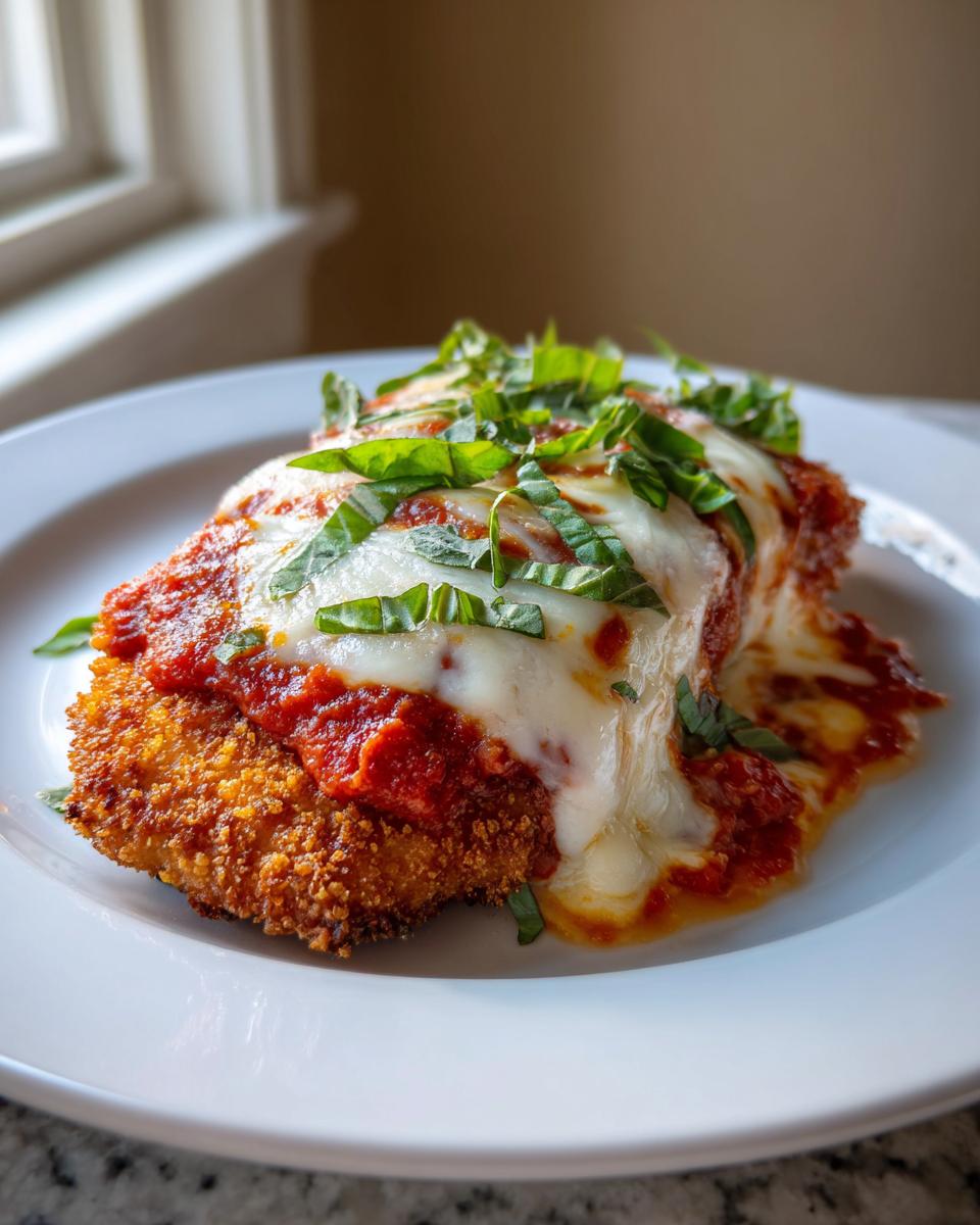 A perfectly cooked piece of chicken parmesan recipe, covered in melted mozzarella and marinara sauce, garnished with fresh basil.