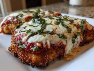 Close-up of a perfectly cooked chicken parmesan recipe cutlet, smothered in marinara sauce, melted mozzarella, and fresh basil.