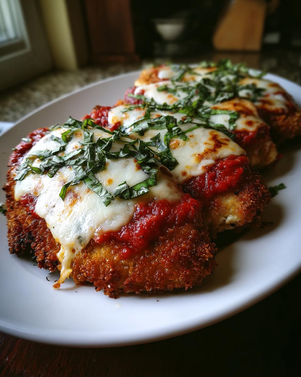 Four pieces of crispy, breaded chicken parmesan recipe topped with melted mozzarella, marinara sauce, and fresh basil.