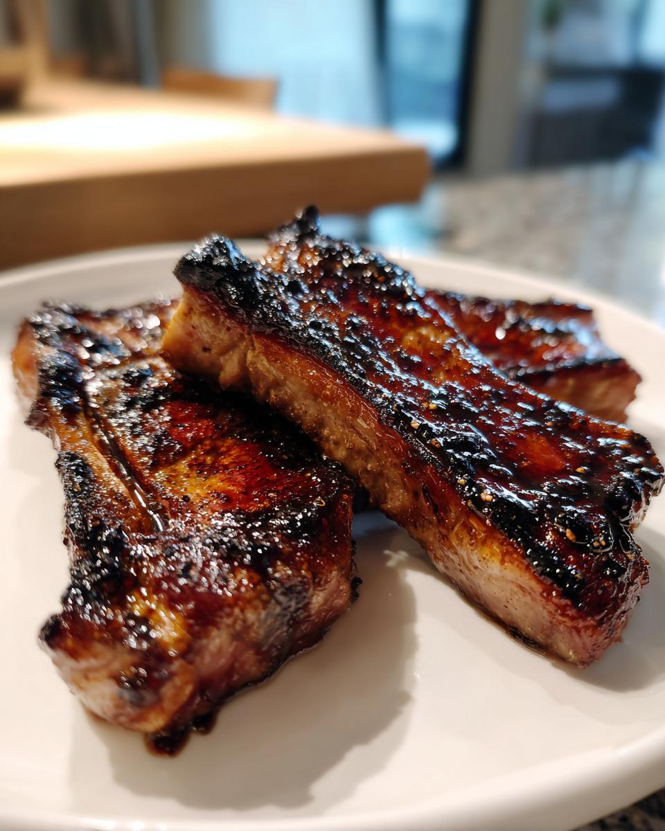 Close-up of three pieces of perfectly cooked, glazed pork steak with a dark, caramelized crust.