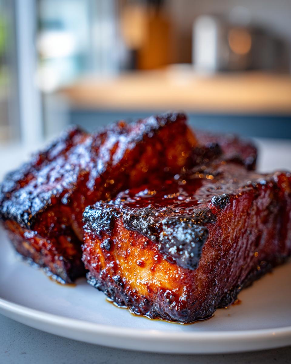 Close-up of two thick, glazed, and caramelized pieces of pork steak recipe served on a white plate.