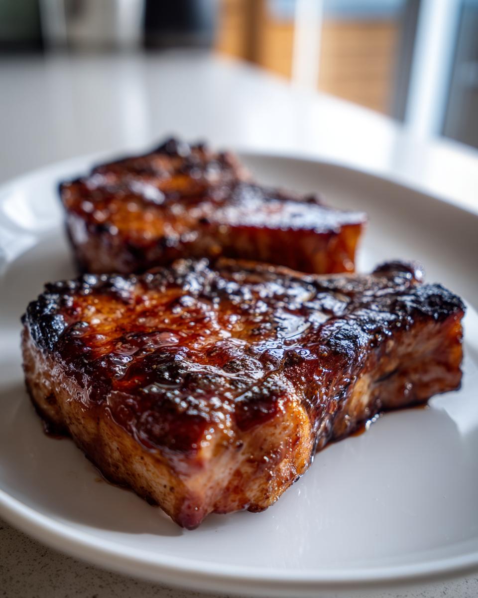 Close-up of two thick, juicy pork steak cuts with a dark, caramelized glaze on a white plate.