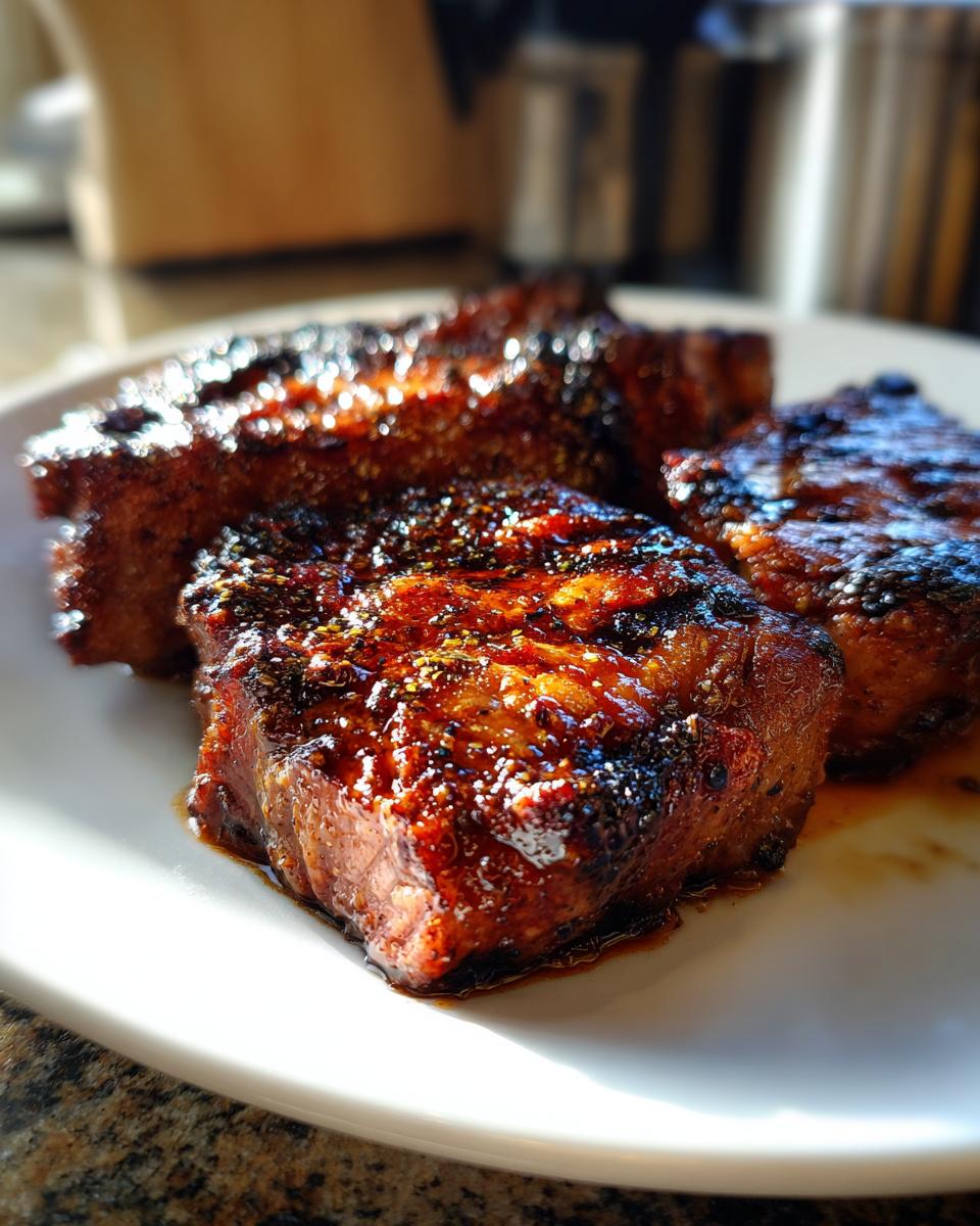 Close-up of three perfectly seared and glazed pork steak pieces resting on a white plate.