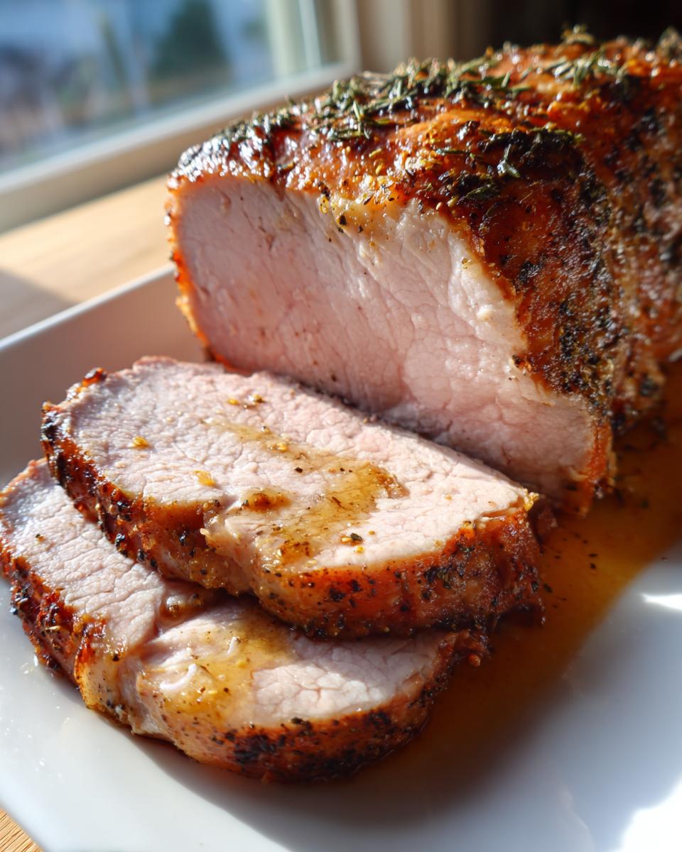 Close-up of a perfectly cooked, herb-crusted pork loin roast, sliced to show juicy interior and resting in pan juices.