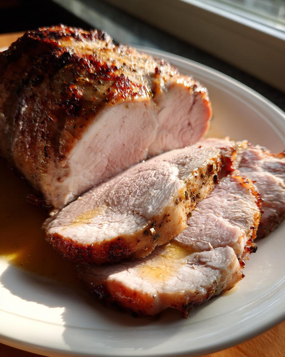 Close-up of a juicy pork loin roast, partially sliced, showing a perfectly cooked pink interior and seasoned, browned crust.