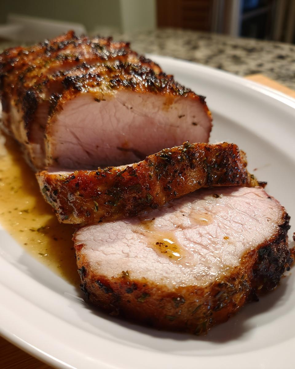 Close-up of a sliced, juicy pork loin roast with a dark herb crust resting in its pan juices.