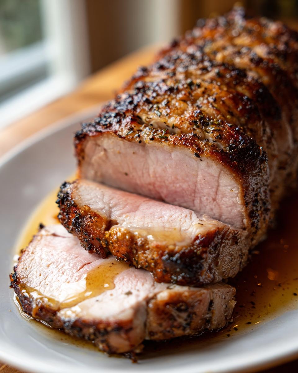 Close-up of a juicy pork loin roast, sliced to show the pink center and seasoned, browned crust, resting in pan juices.