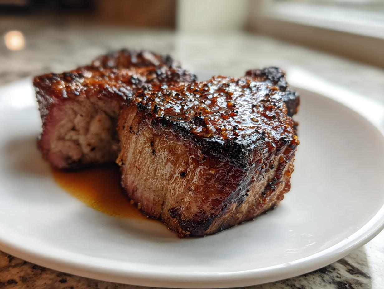 Close-up of two thick, juicy pork steak recipe pieces with a dark, caramelized glaze resting in their juices.