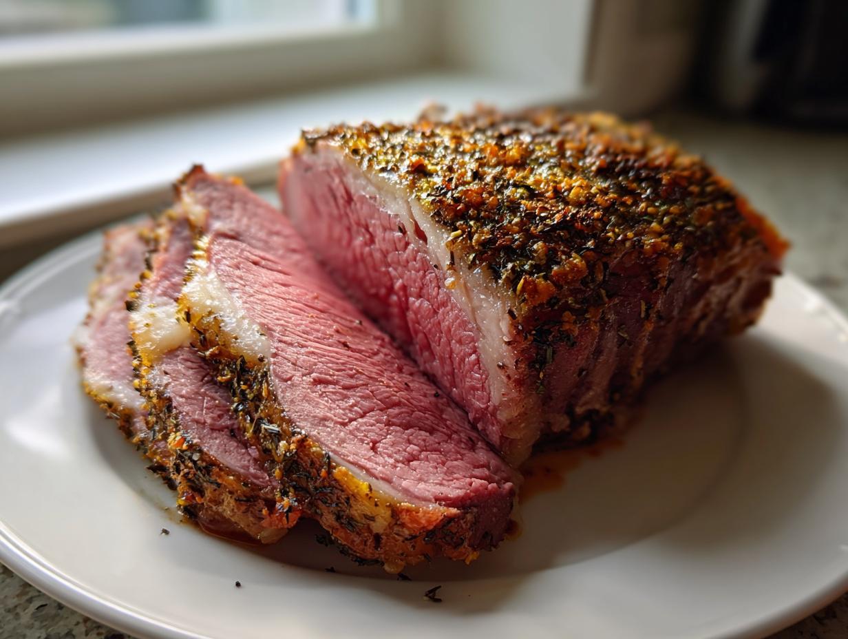 A juicy, medium-rare prime rib recipe roast, heavily crusted with herbs, sliced on a white plate.