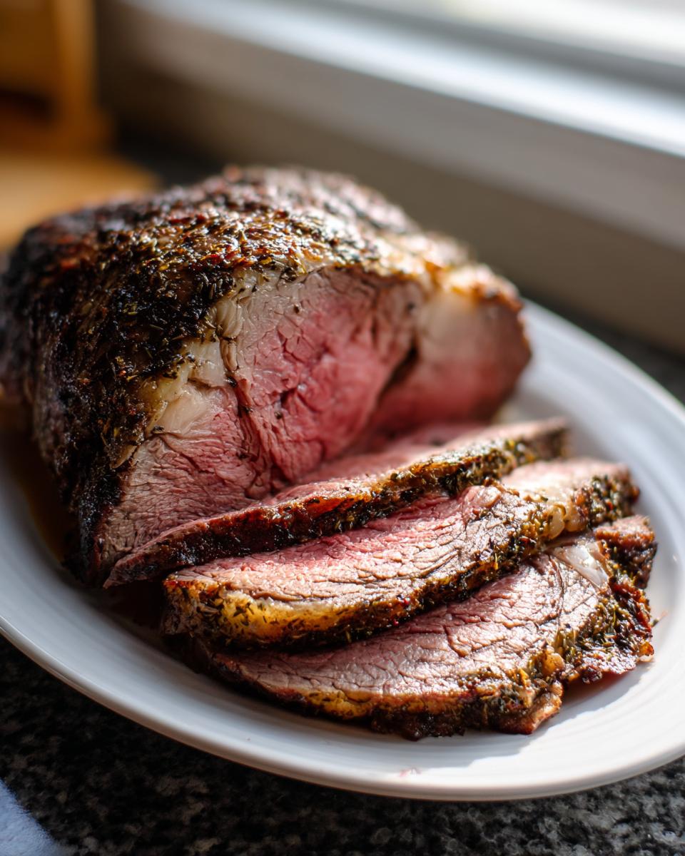Close-up of a juicy, medium-rare prime rib recipe roast, sliced on a white plate.
