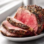 Close-up of a perfectly cooked prime rib recipe roast, sliced to show the medium-rare, juicy pink center and dark herb crust.