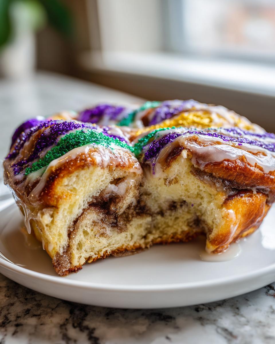 Close-up of a King Cake slice showing the cinnamon swirl interior, white icing, and purple, green, and gold sprinkles.