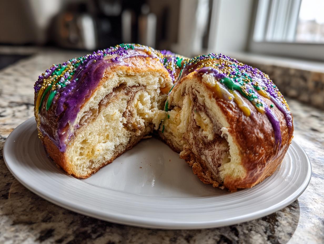 A close-up of a King Cake cut in half, revealing a cinnamon swirl filling and topped with purple, green, and gold icing and sprinkles.
