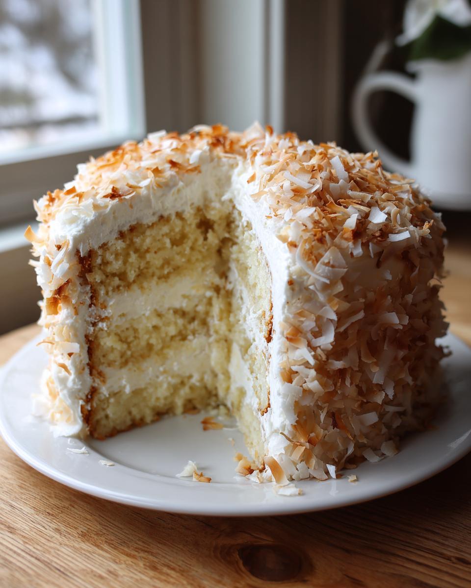 A slice removed from a layered coconut cake recipe, frosted with white icing and covered in toasted coconut flakes.