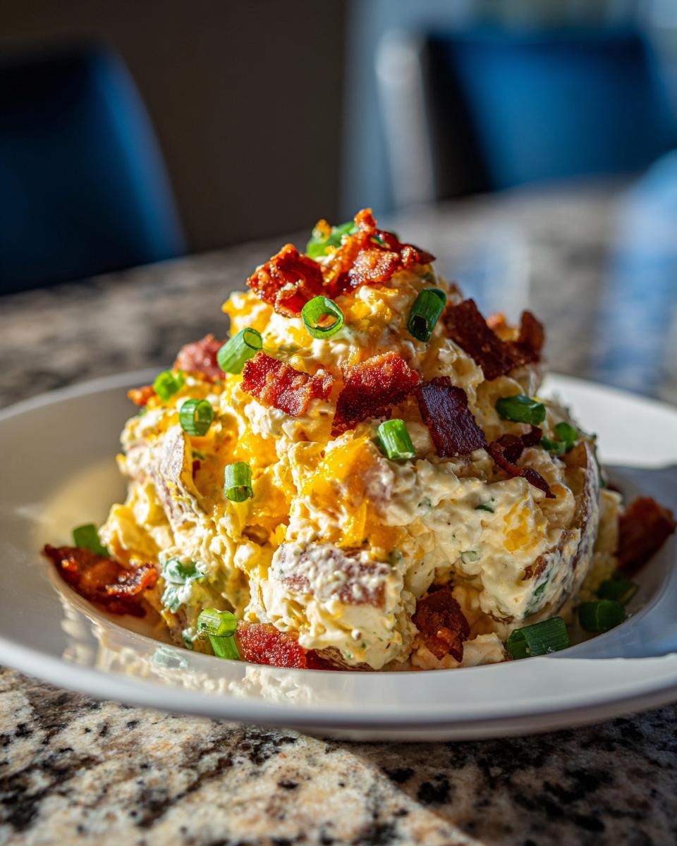 A generous serving of loaded baked potato salad topped with crispy bacon bits and fresh green onions.