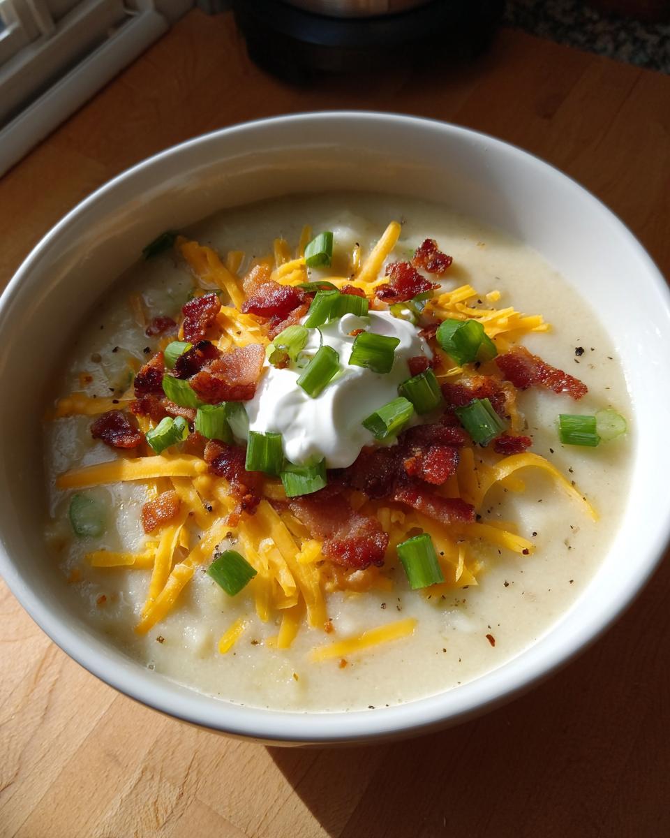 A creamy bowl of loaded baked potato soup topped with shredded cheese, bacon bits, sour cream, and green onions.
