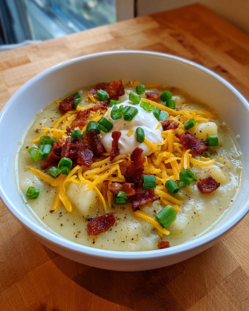 A white bowl filled with creamy loaded baked potato soup, topped generously with shredded cheddar cheese, bacon bits, sour cream, and green onions.
