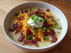 A close-up of creamy loaded baked potato soup topped generously with shredded cheddar, bacon bits, sour cream, and green onions.