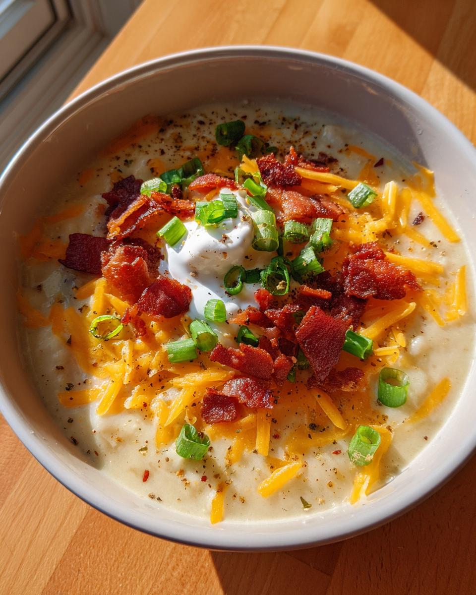 Close-up of a creamy bowl of loaded baked potato soup topped with shredded cheese, bacon, sour cream, and green onions.