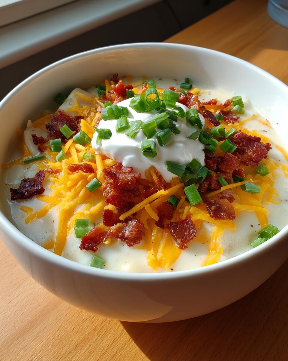 A close-up of a creamy bowl of loaded baked potato soup topped with shredded cheddar, bacon bits, sour cream, and chives.