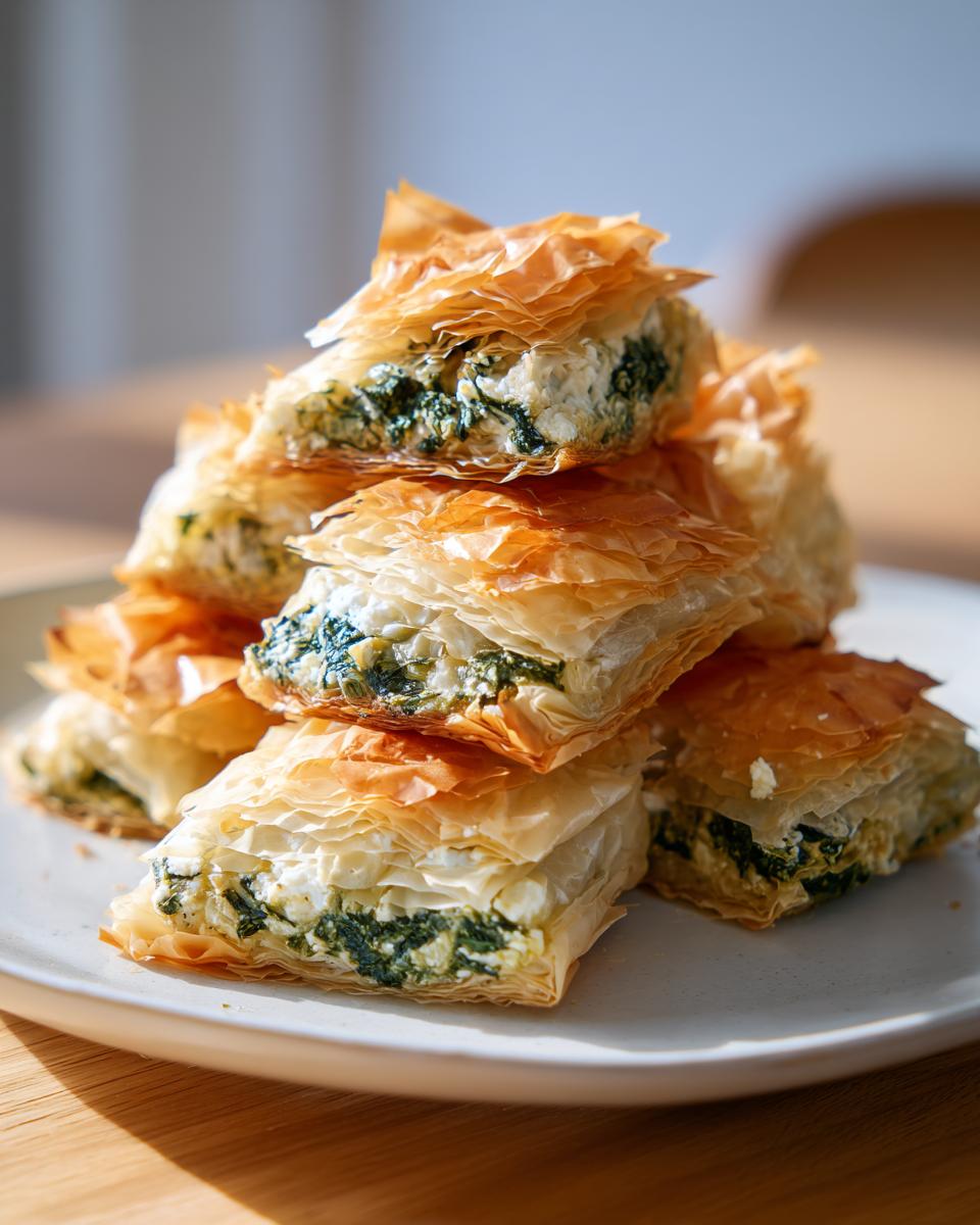 A stack of golden, flaky Mediterranean Spinach and Feta Cheese Crisps showing the creamy filling.