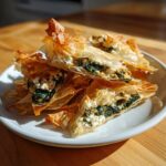 A stack of golden, flaky Mediterranean Spinach and Feta Cheese Crisps on a white plate.