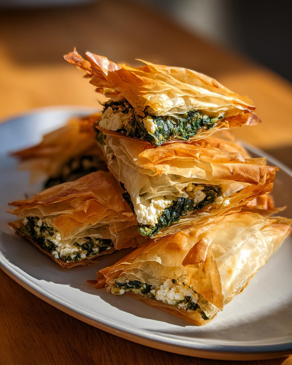 A stack of flaky, golden Mediterranean Spinach and Feta Cheese Crisps on a white plate.
