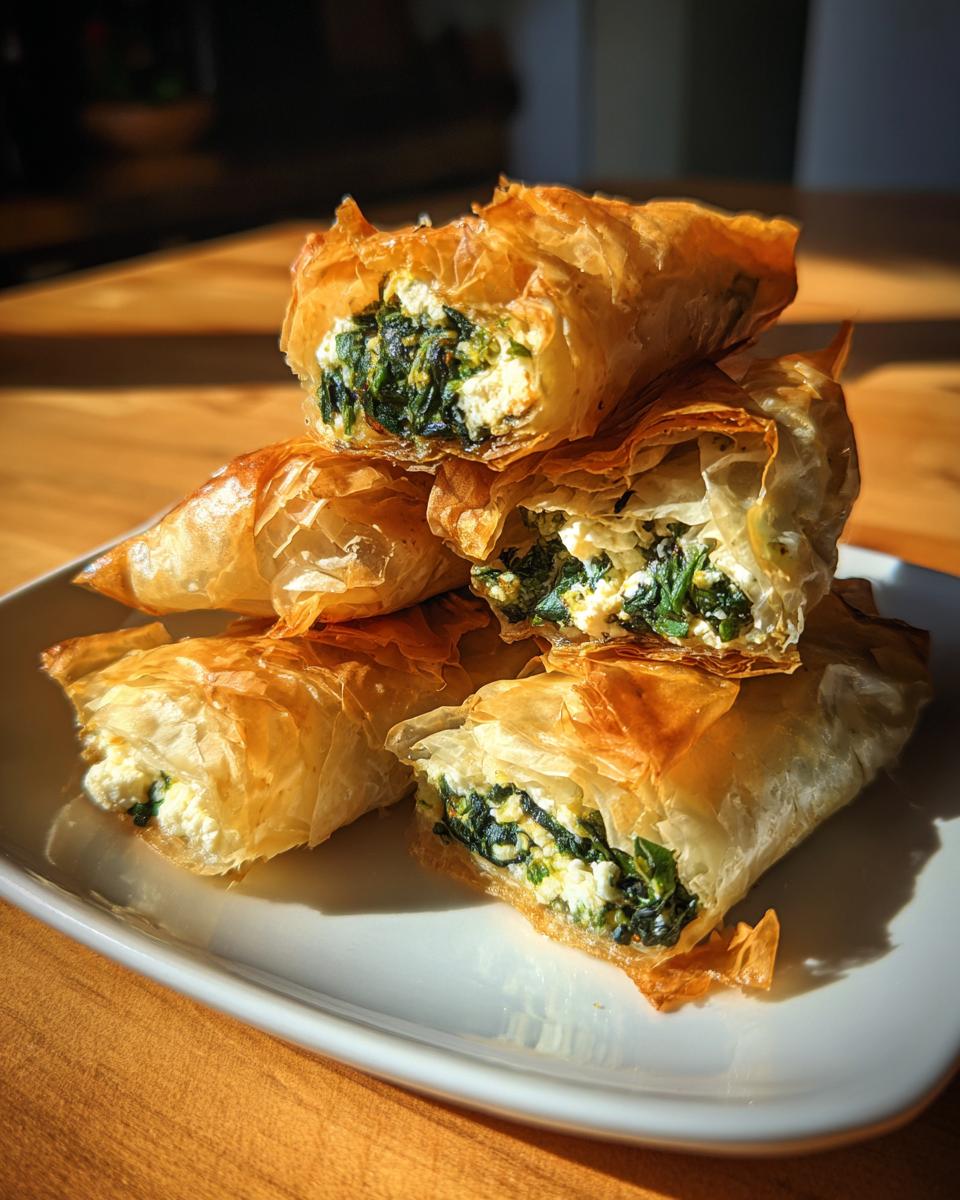 A stack of golden, flaky Mediterranean Spinach and Feta Cheese Crisps cut in half to show the filling.