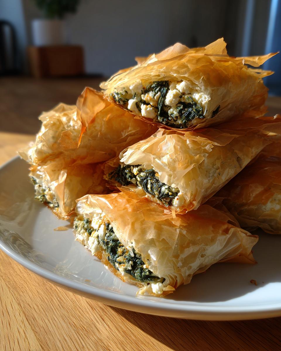 A stack of golden, flaky Mediterranean Spinach and Feta Cheese Crisps cut in half, showing the filling.