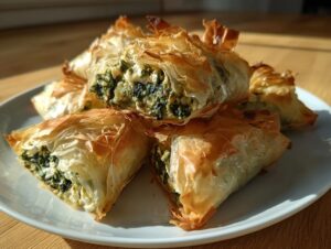 Close-up of flaky, golden Mediterranean Spinach and Feta Cheese Crisps stacked on a white plate.