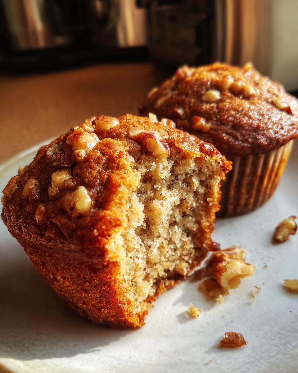 Close-up of a moist banana nut muffin with a bite taken out, revealing the crumb texture and topped with walnuts.