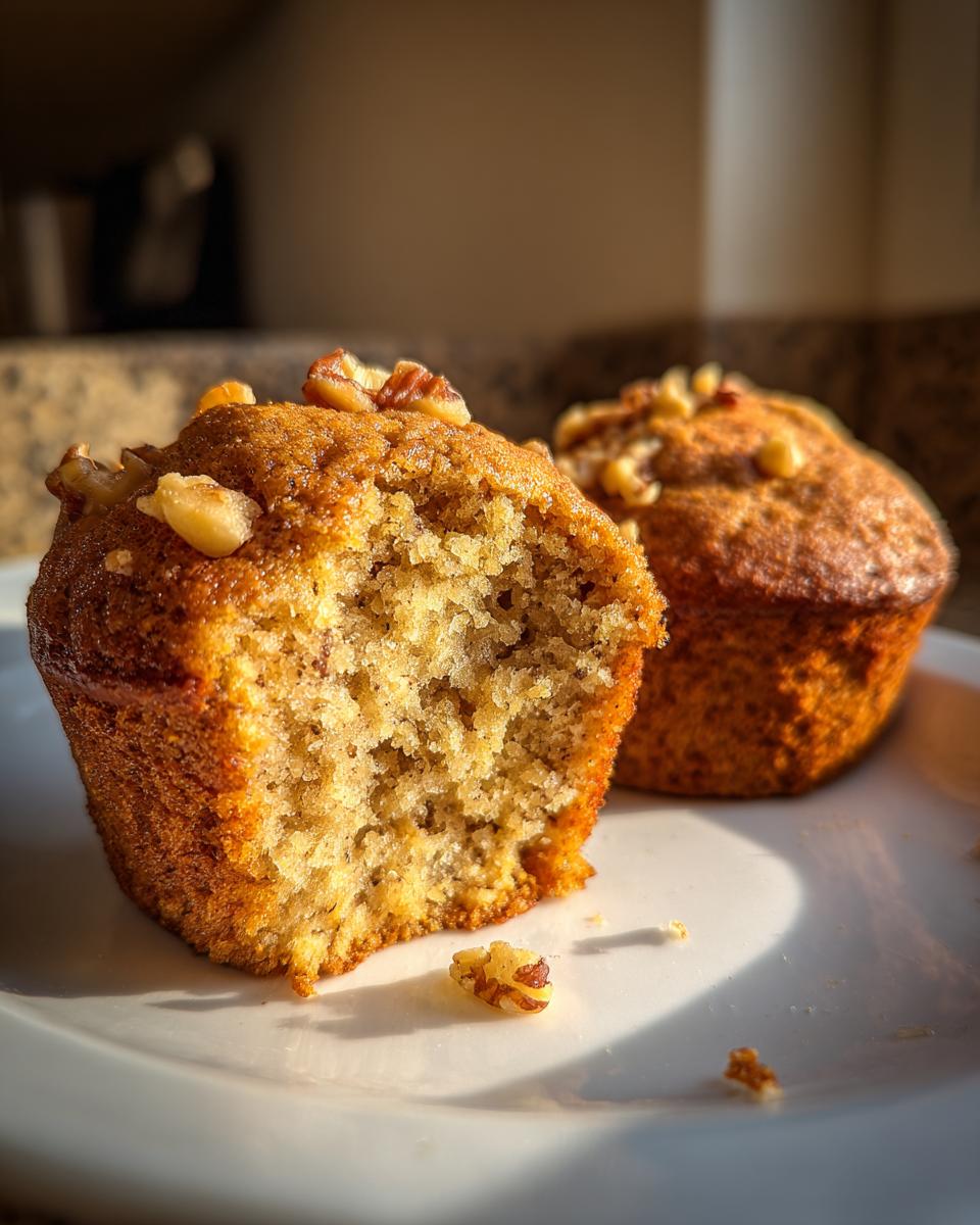 Close-up of a banana nut muffin broken in half showing the moist crumb, topped with walnuts, next to another whole muffin.