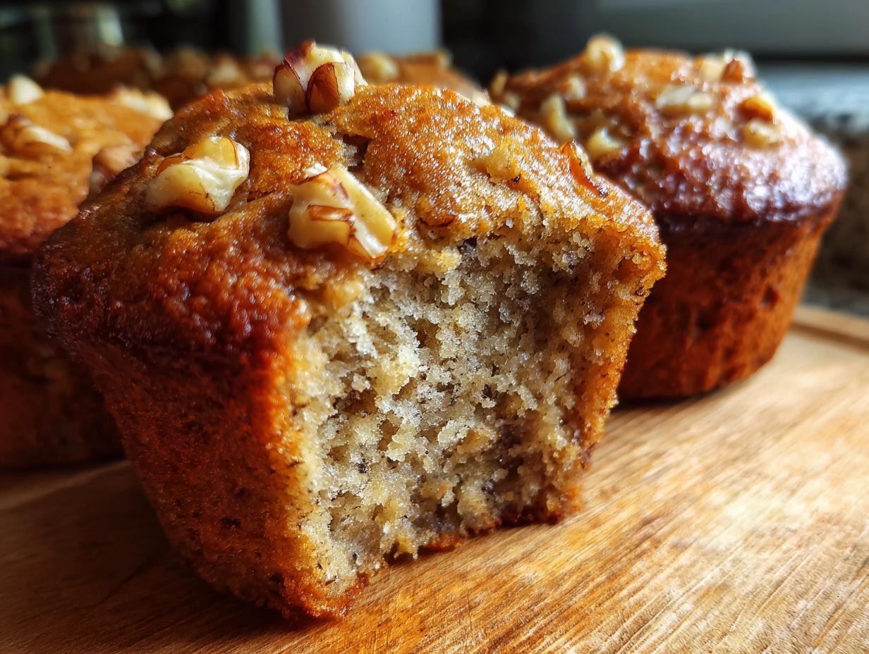 Close-up of a moist banana nut muffin cut in half, showing the crumb texture and walnuts on top.