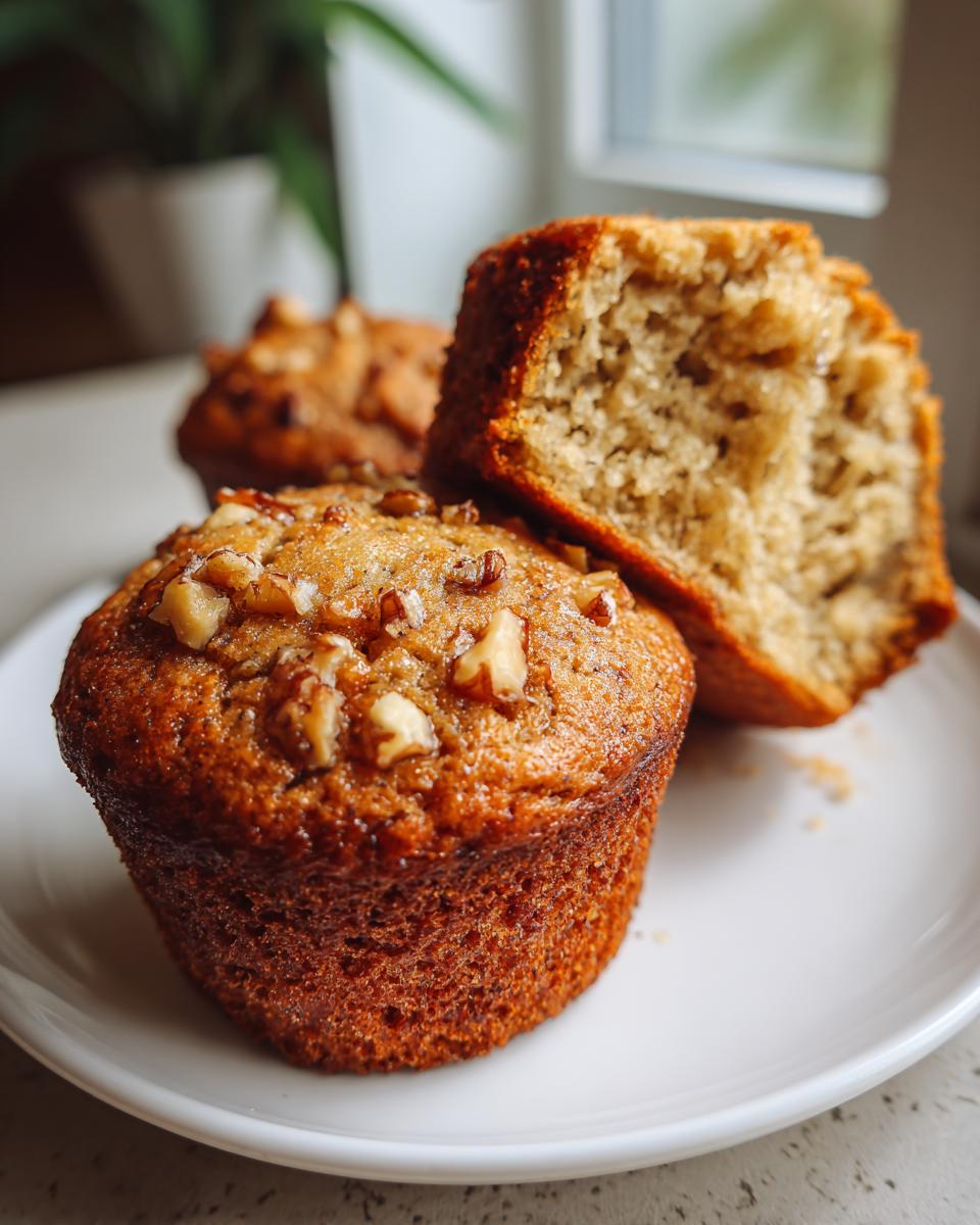 Close-up of moist banana nut muffins on a white plate, one broken open to show the texture.