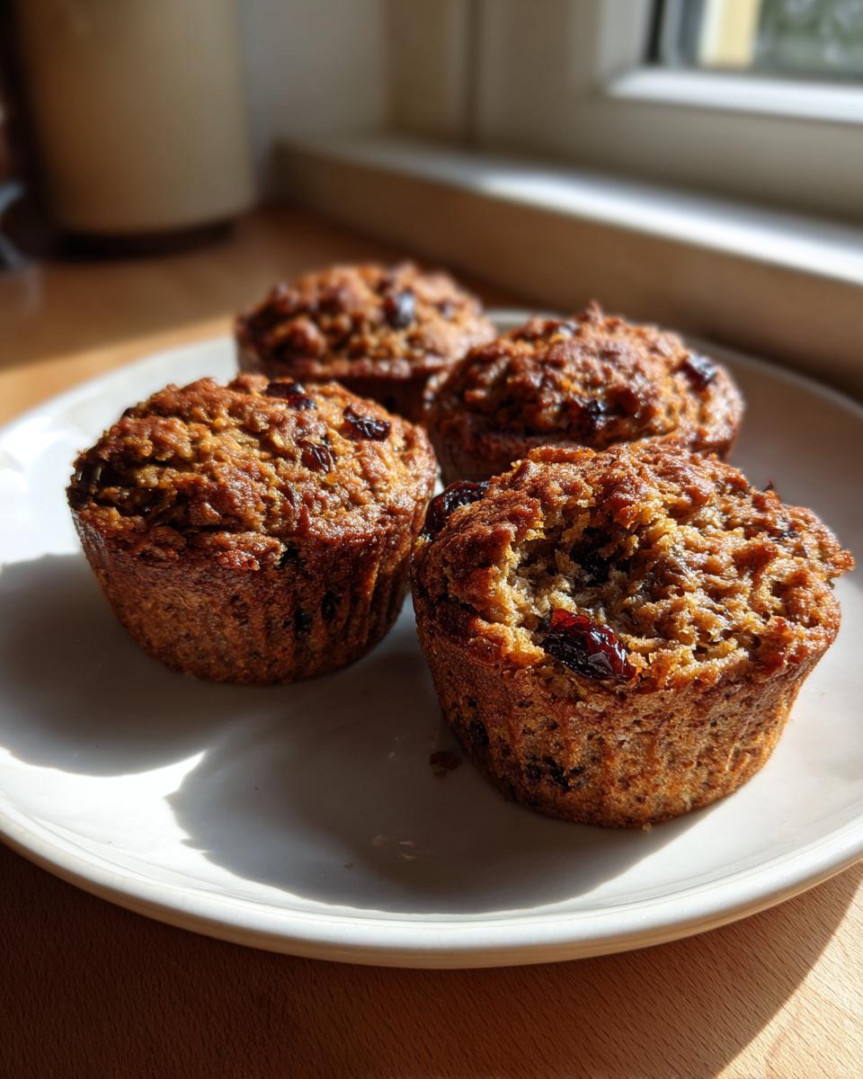Four freshly baked, moist bran muffins studded with dried fruit, resting on a white plate near a window.