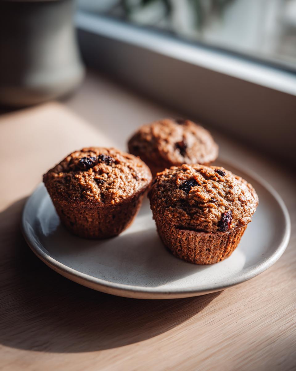 Three freshly baked, moist bran muffins with visible dried fruit pieces resting on a light ceramic plate.