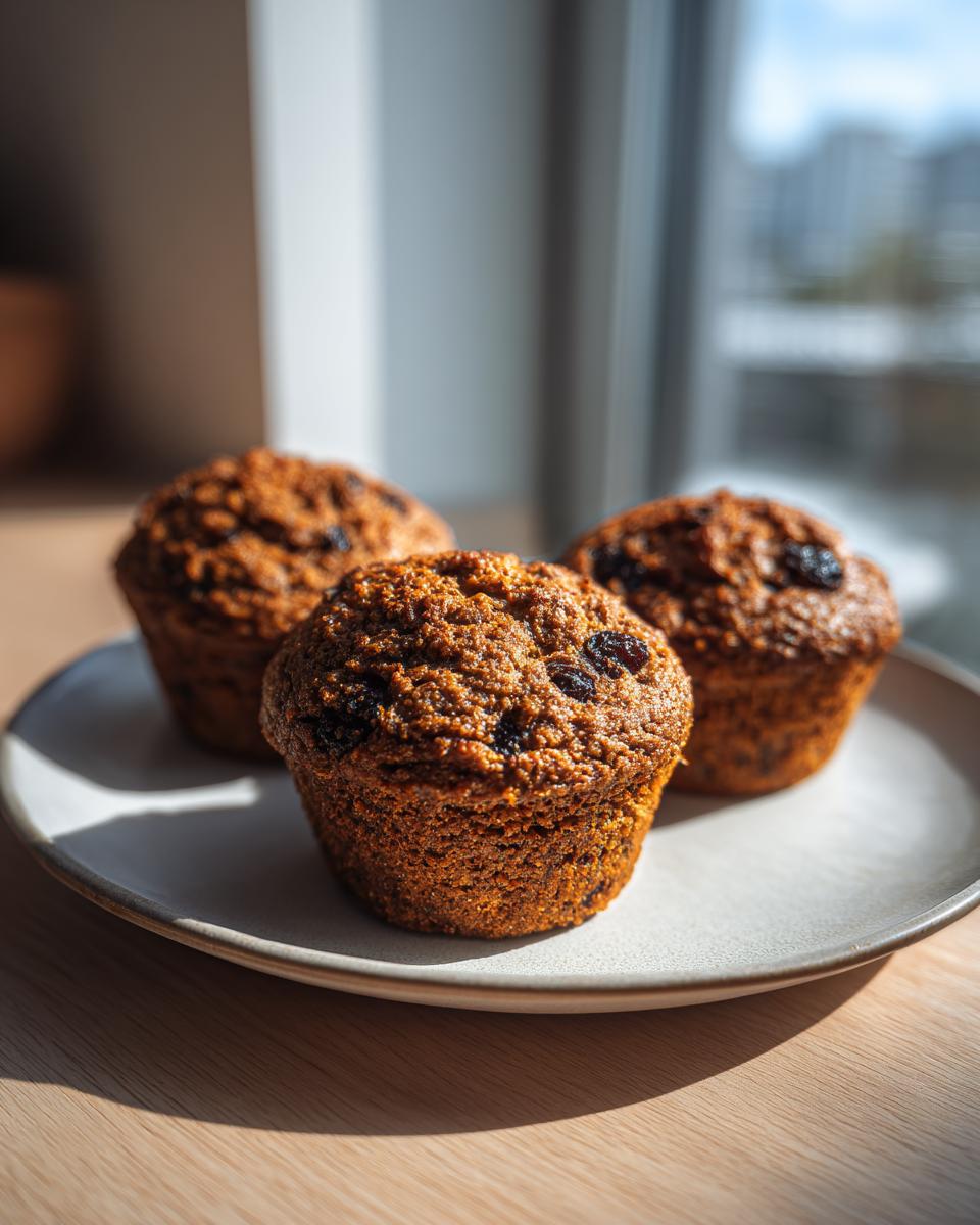 Close-up of three golden brown bran muffins dotted with raisins, sitting on a light plate near a window.