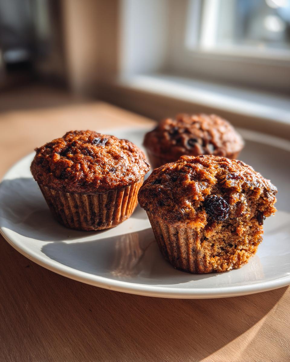 Three freshly baked, moist bran muffins with visible raisins, sitting on a light plate bathed in sunlight.