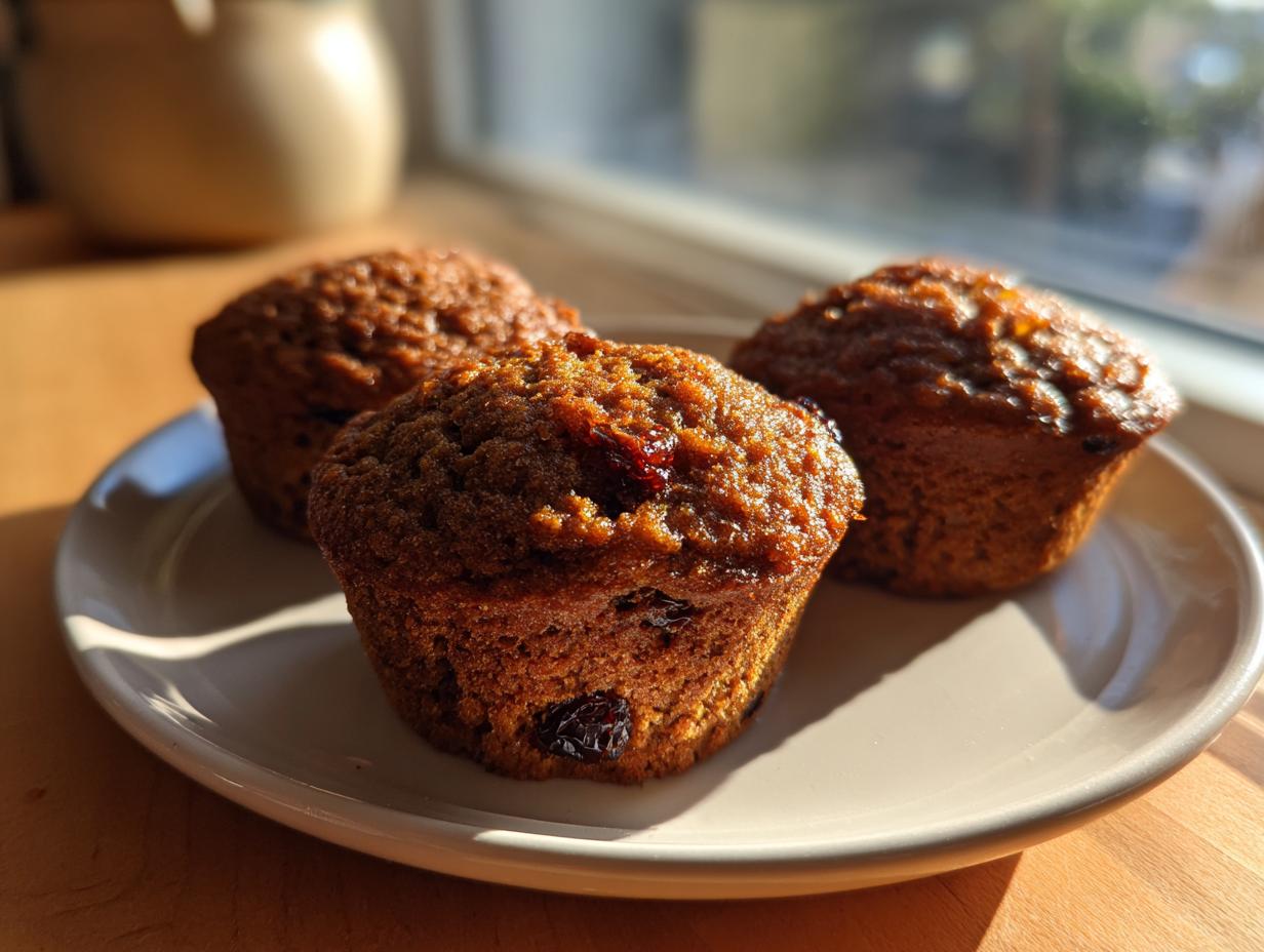 Three golden brown, moist bran muffins resting on a light-colored plate near a sunny window.