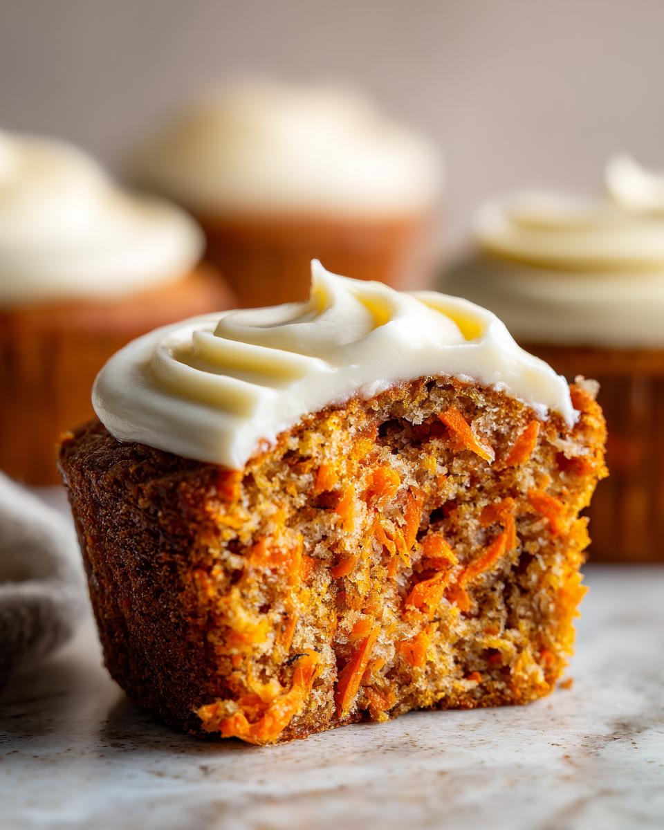Close-up of a carrot cake muffin with a bite taken out, showing moist texture and shredded carrots, topped with cream cheese frosting.