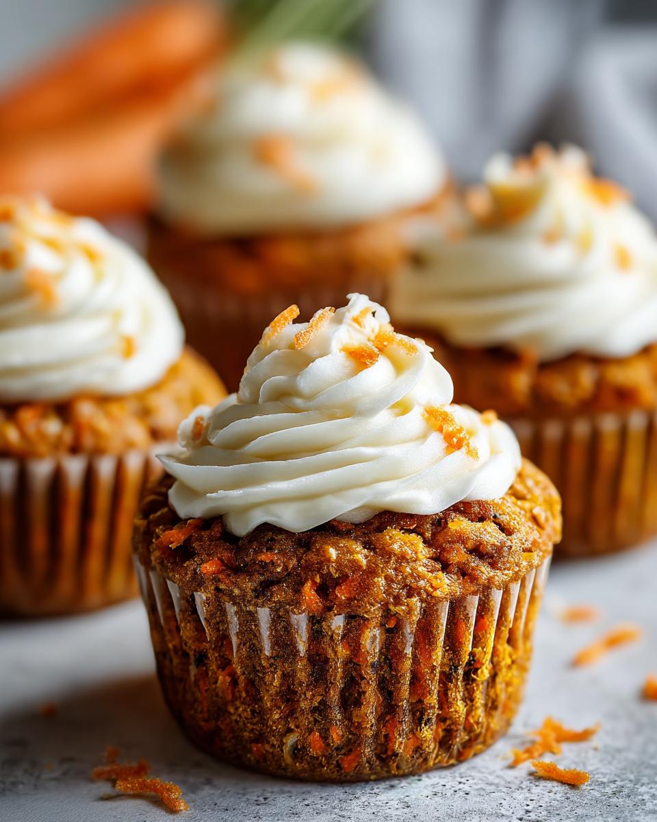 Close-up of a moist carrot cake muffin topped with swirled cream cheese frosting and grated carrot sprinkles.