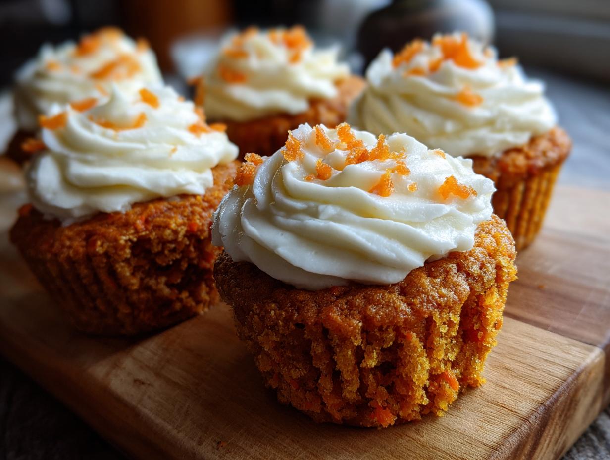 Close-up of moist carrot cake muffins topped with swirled cream cheese frosting and orange zest.