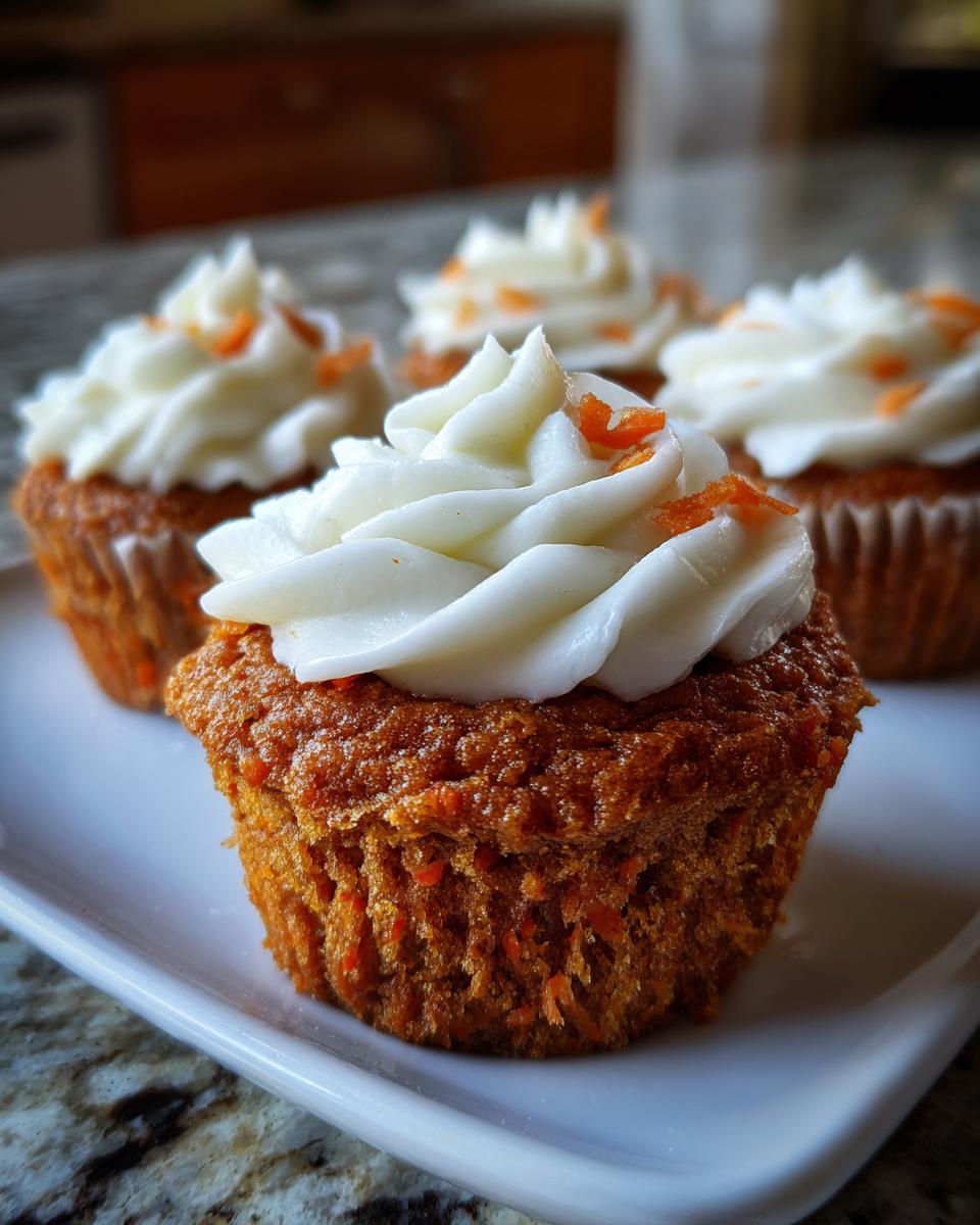 Close-up of a moist carrot cake muffin topped with swirled cream cheese frosting and carrot shavings.
