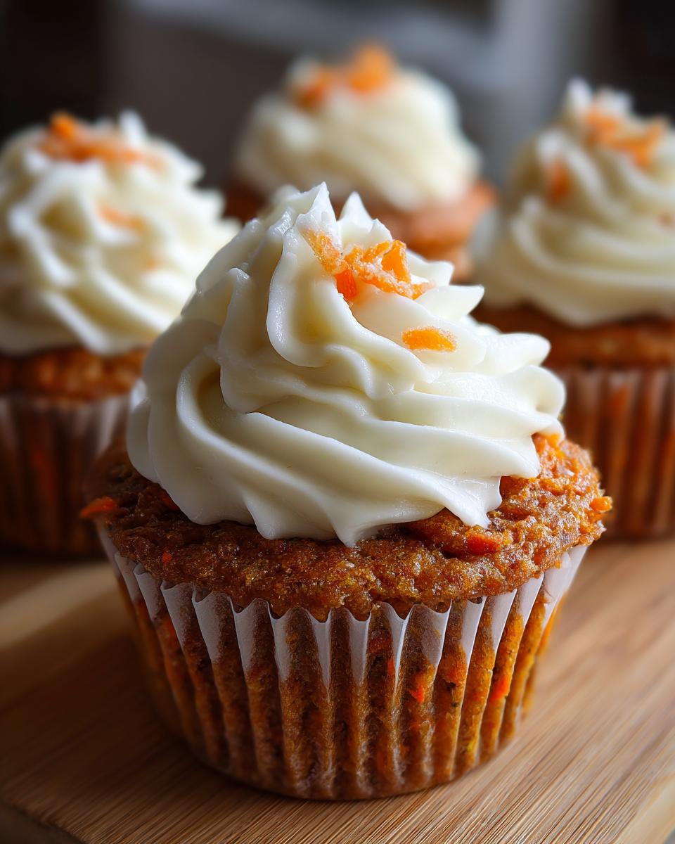 A close-up of a moist carrot cake muffin topped with thick cream cheese frosting and shredded carrot garnish.