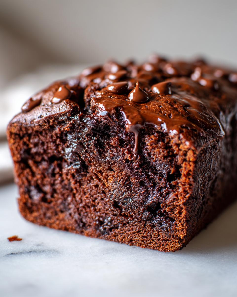 Close-up of a rich, dark chocolate banana bread loaf topped with melted chocolate glaze and chips.