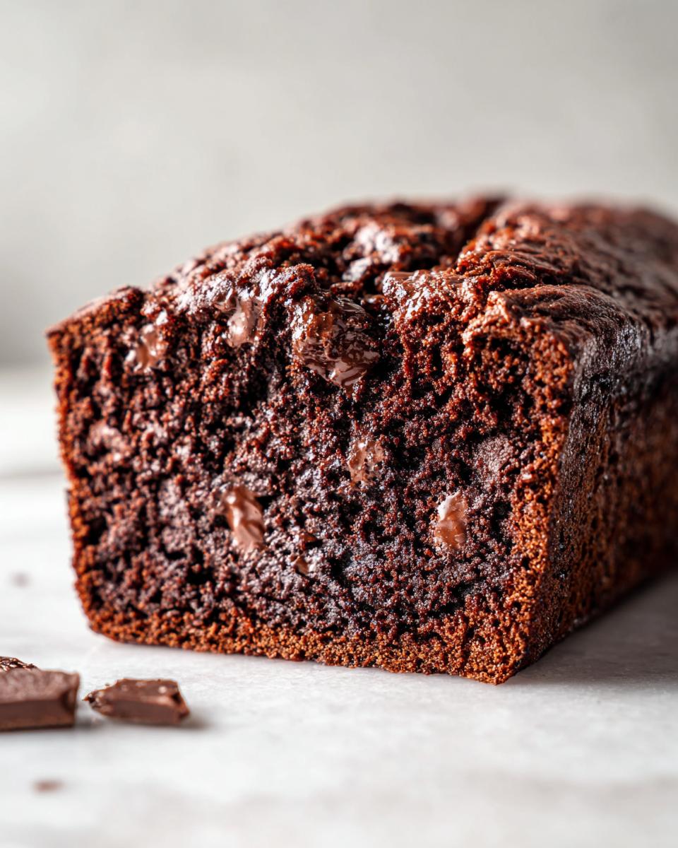 Close-up of a rich, dark chocolate banana bread loaf studded with melted chocolate chips.